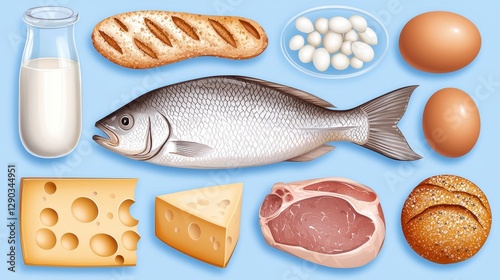 Variety Of Food Items On Light Blue Background