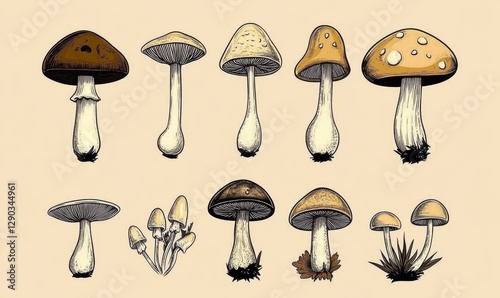 Variety Of Pixelated Mushrooms On Beige Background