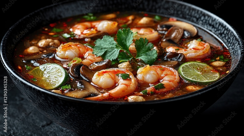 Thai Tom Yum Soup A zesty bowl of Thai tom yum soup featuring plump shrimp, mushrooms, lime slices, and fresh cilantro in a spicy, aromatic broth. A hint of lemongrass and chili oil floats on the surf Thai Tom Yum Soup A zesty bowl of Thai tom yum soup featuring plump shrimp, mushrooms, lime slices, and fresh cilantro in a spicy, aromatic broth. A hint of lemongrass and chili oil floats on the surf