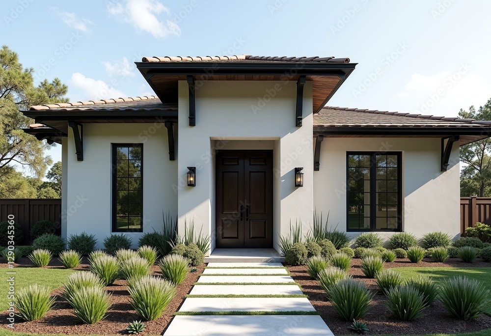 Elevate Your Home's Style: Design a Transitional Exterior with Stucco Facade, Low-Pitched Gable Roof, and Ornamental Grasses for Modern Rustic Charm.
Elevate Your Home's Style: Design a Transitional Exterior with Stucco Facade, Low-Pitched Gable Roof, and Ornamental Grasses for Modern Rustic Charm.