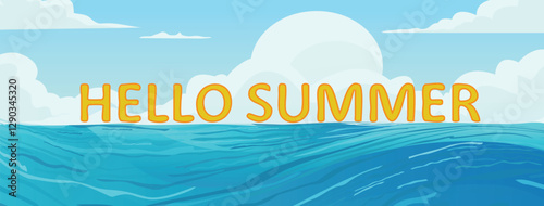 hello summer, greeting banner background, tropical sea, ocean breeze, bright clear blue sky , white cloud, wide web cover.