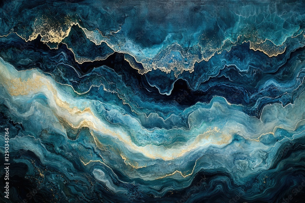 Abstract ocean art with teal, blue, and gold waves, resembling a luxurious marble texture. Abstract ocean art with teal, blue, and gold waves, resembling a luxurious marble texture.