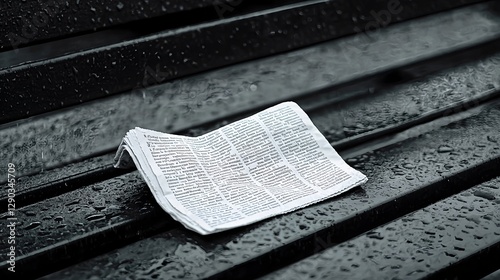 Wet Crumpled Paper On Dark Metal Park Bench