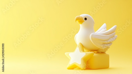 White Bird Figurine on Yellow Star 3D Rendered Minimalist Illustration