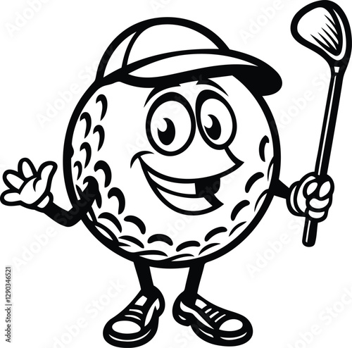 Cute cartoon golf ball character silhouette vector illustration, cartoon golf ball character line art vector icon design