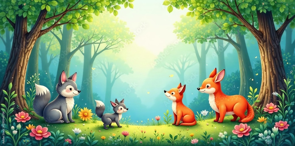 Fototapeta premium Whimsical watercolor woodland animals & lush forest , serene, forest