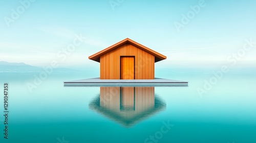 Wooden Cabin House On Calm Lake Reflection