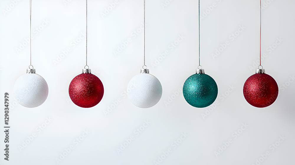 Five Hanging Christmas Ornaments Red White and Teal on White Background Five Hanging Christmas Ornaments Red White and Teal on White Background