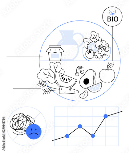 Wallpaper Mural Fresh fruits, vegetables, and organic goods arranged with a sad face icon and upward growth graph. Ideal for nutrition, sustainability, health, wellness, emotions, growth and bio-focused ideas Torontodigital.ca