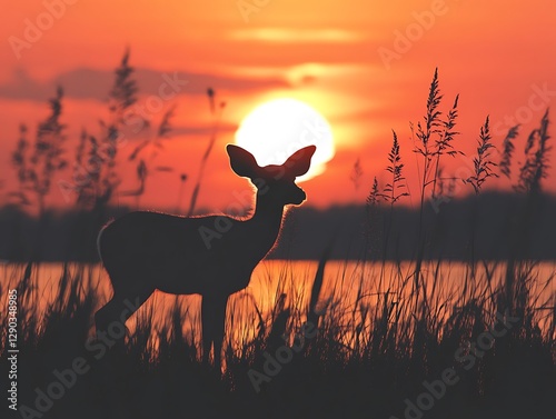 Silhouette deer sunset marsh