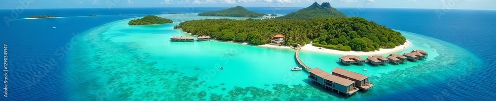 High-angle view of a luxurious Bora Bora resort nestled amidst vibrant coral reefs and clear waters , resort, hotel, bungalows High-angle view of a luxurious Bora Bora resort nestled amidst vibrant coral reefs and clear waters , resort, hotel, bungalows