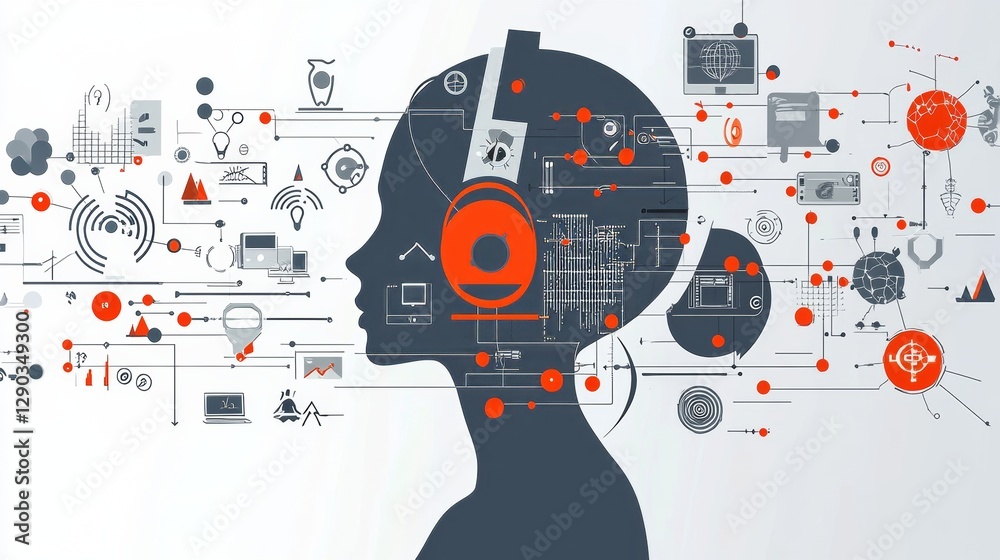Obraz premium Embracing the Digital Age: The Harmony Between Woman's Wisdom and Iconic Connectivity in a Vibrant Network