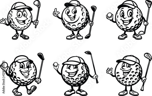 Cute cartoon golf ball character silhouette vector illustration set, cartoon golf ball character line art vector icon design