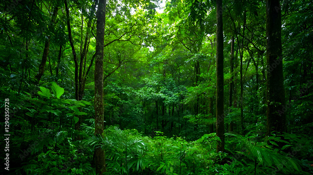 Obraz premium Lush Green Forest With Sunlight Filtering Through Dense Canopy