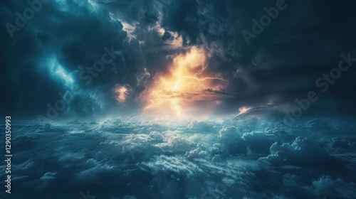 Thunderstorm reveals an abstract power in the sky. Lightning strikes, lighting up the dark clouds.