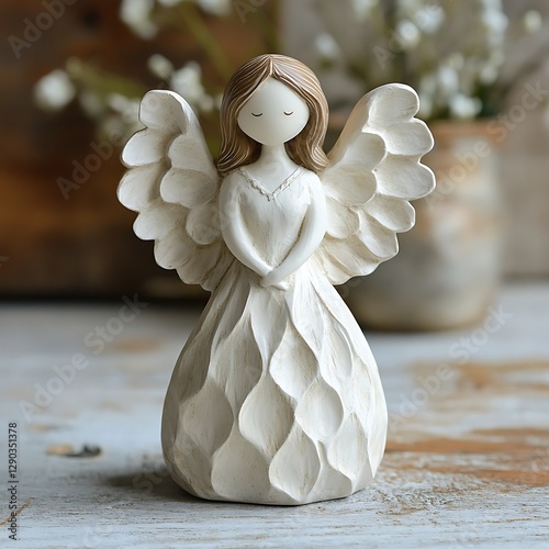 Peaceful angel figurine on wooden surface with flowers