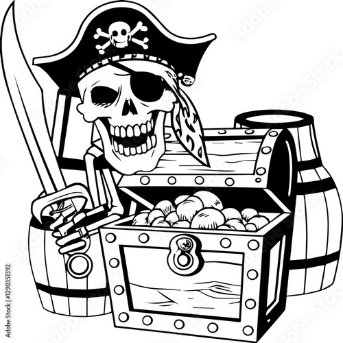 Skull Pirates Treasure and Gold Pirate Skull with Treasure Chest and Sword in Vintage Style Illustration, svg vector.