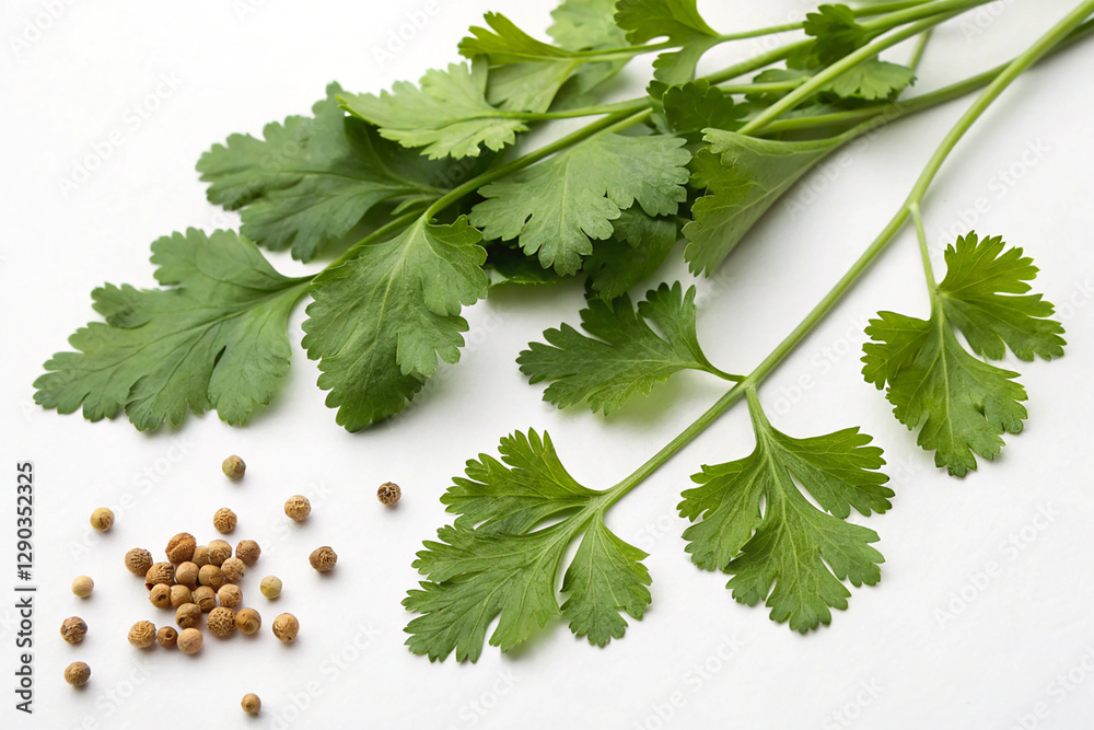 Fototapeta premium Fresh coriander leaves with seeds beside them