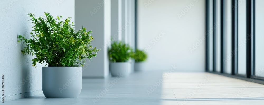 Fototapeta premium Indoor greenery arrangement modern office space photography minimalist environment wide angle view serenity concept