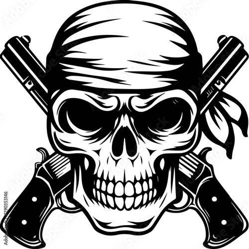 Skull Pirates and Weapon Skull Pirate with Swords in Classic Black and White Design, svg vector.