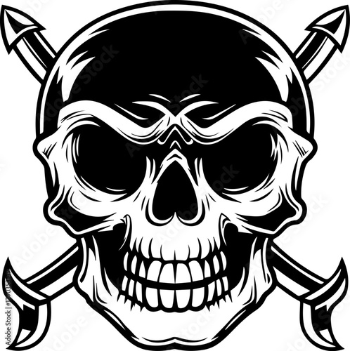 Skull Pirates and Weapon Skull Illustration with Sword Embedded for Dark Themes and Designs, svg vector.
