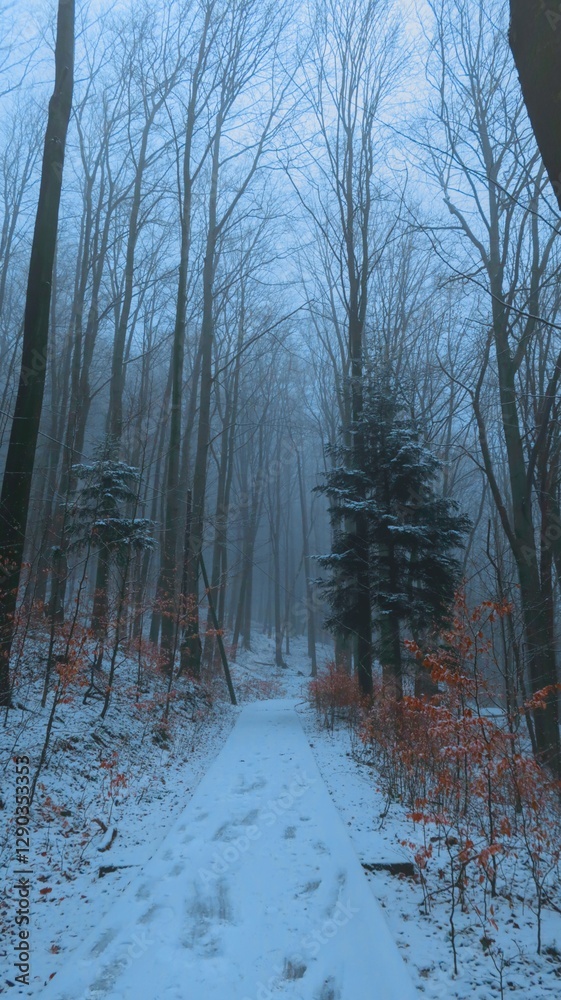 Naklejka premium Serene winter landscape with misty bare trees, and a tranquil forest, evoking a sense of mystery and peace, perfect for themes of nature, solitude, and atmospheric beauty