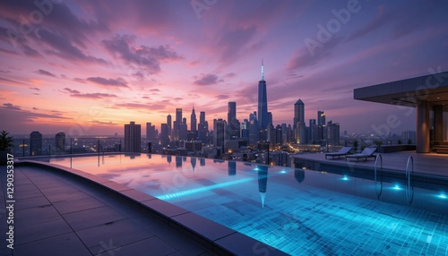 Sunset poolside view over city skyline luxury hotel rooftop modern architecture urban oasis