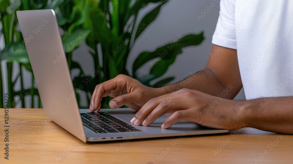 Fototapeta premium Freelancer typing on laptop in stylish coffee shop setting
