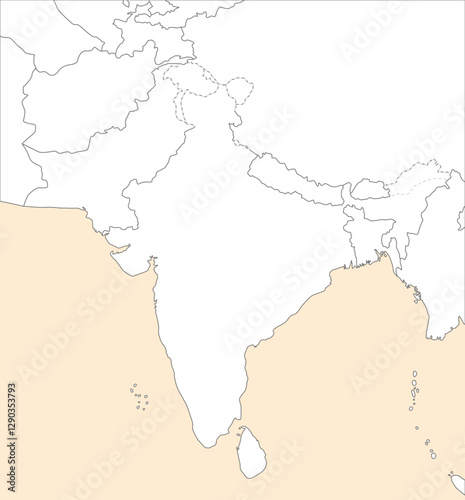 インドとパキスタン周辺の白地図、明るい色