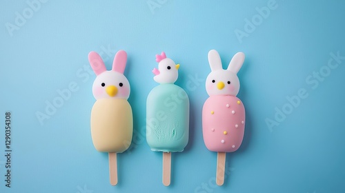 Cute dessert popsicles shaped like rabbits and chicks for a playful treat. photo