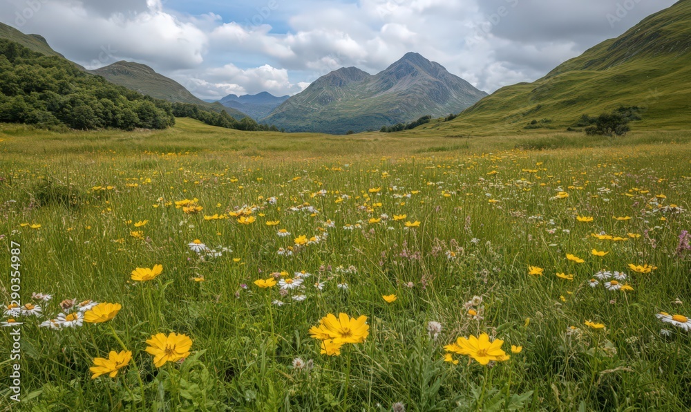 Fototapeta premium Vibrant Wildflower Meadow and Majestic Mountain Landscape