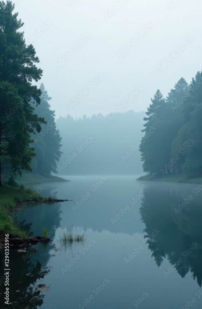Obraz premium Fog hanging over lake surrounded by pine trees in early morning