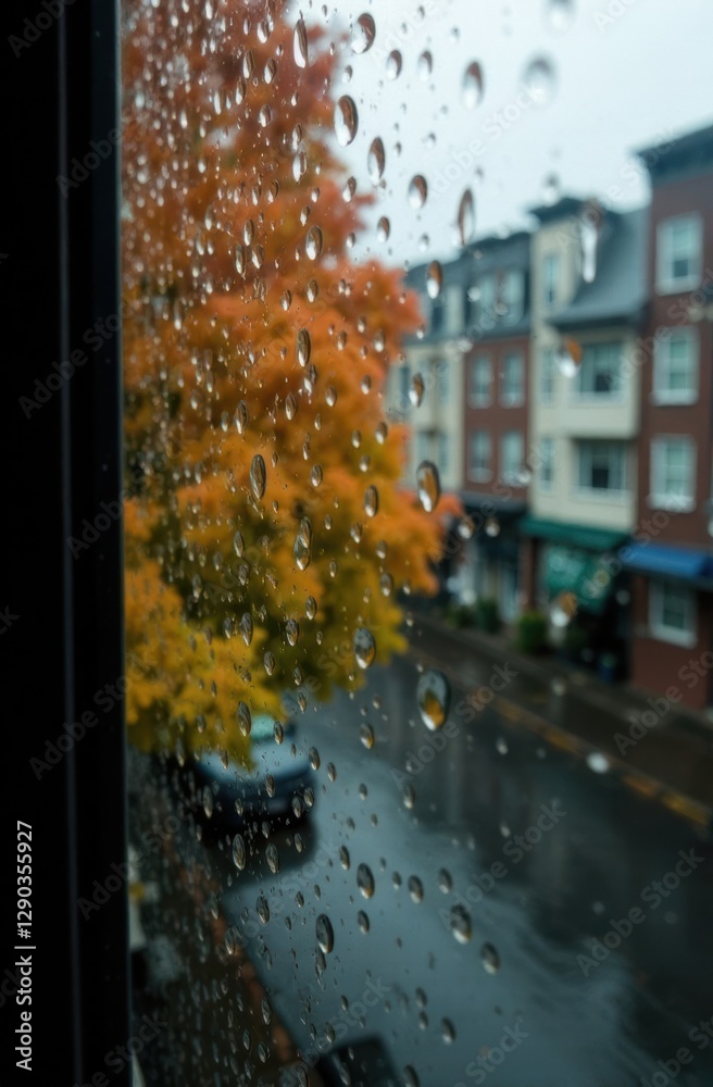 Raindrops sliding on window during a rainy autumn day in the city Raindrops sliding on window during a rainy autumn day in the city