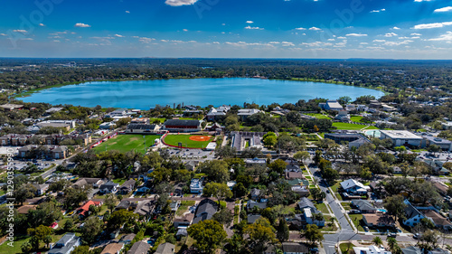 Lakeland, FL, USA - 02-23-2025:  Winter aerial image of the City of Lakeland, FL, Munn Park Historic District.