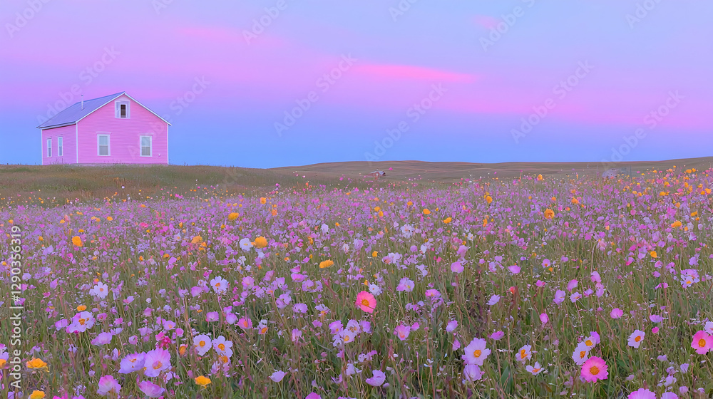 Pink house in wildflower field at sunset; peaceful landscape