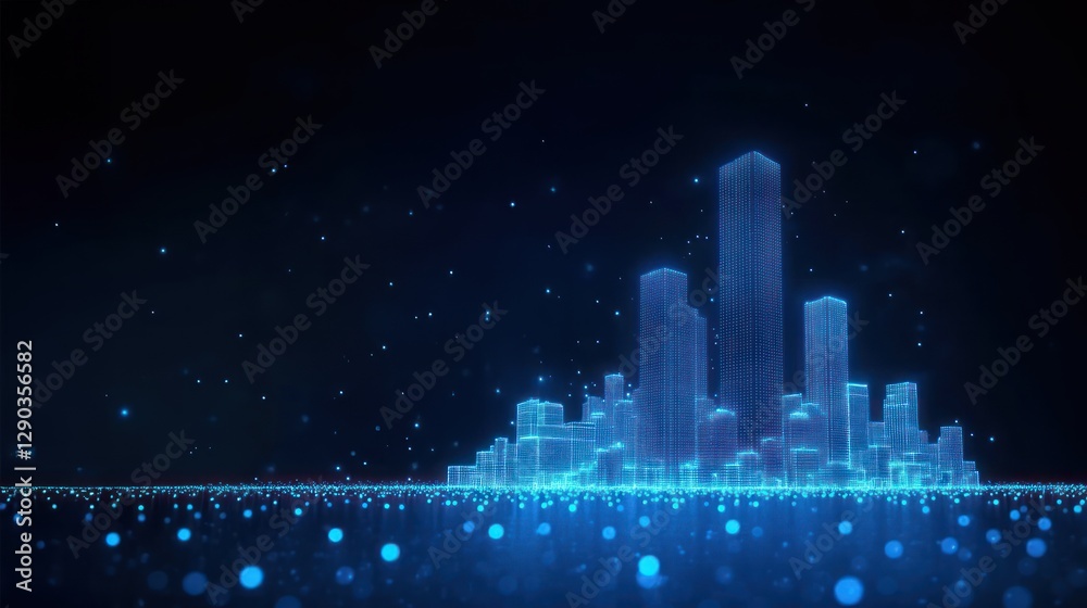 Fototapeta premium 3D rendered glowing city skyline with digital skyscrapers on a dark background, symbolizing futuristic urban development, AR construction and construction safety concept