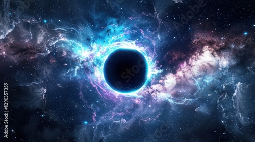 Abstract black hole in the dark sky with a glow of light, Black hole abstract with a swirling nebula and galaxies.