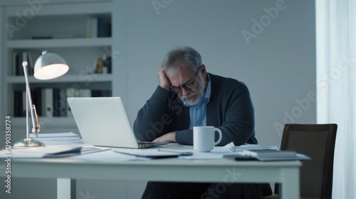 Retirement financial stress in a quiet office. Featuring focus and worry