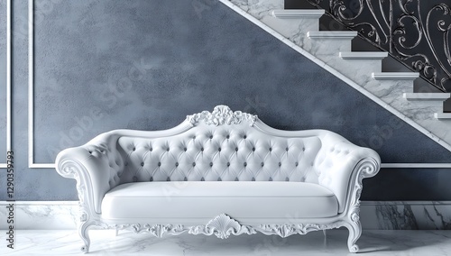 Elegant white sofa in classic interior with marble stairs photo