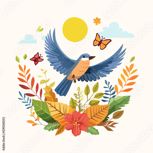 Illustration of Blue Bird Flying Above Colorful Floral Nature Scene