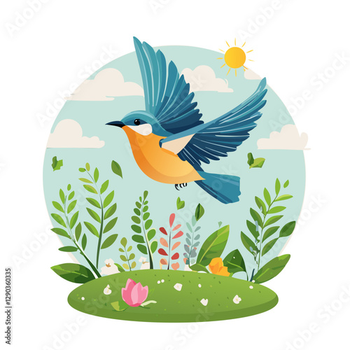 Illustration of Blue and Orange Bird Flying Over Green Nature Landscape