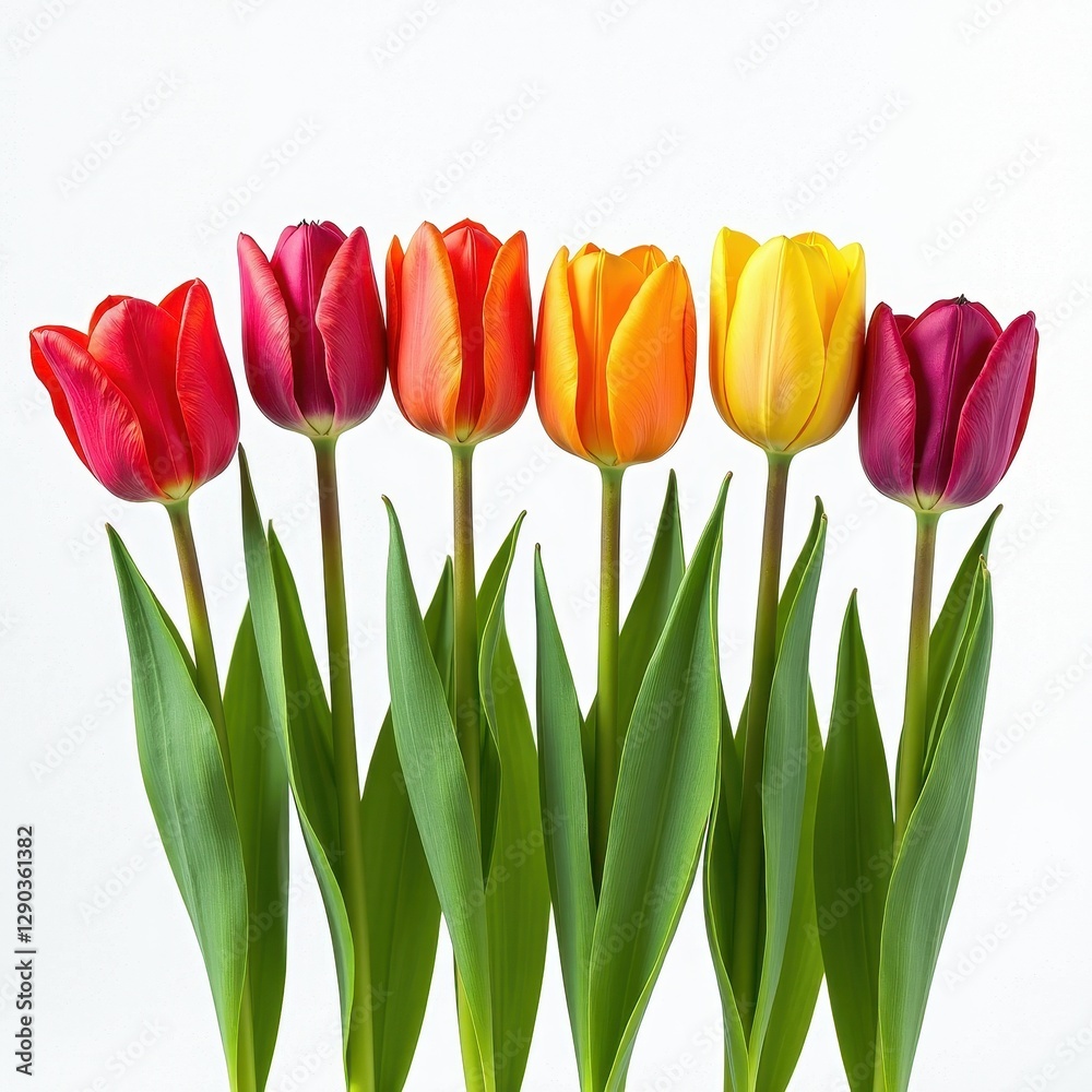 Vibrant Tulip Display: Red, Yellow, Pink Against White Background. A row of tulips with a white background. Vibrant Tulip Display: Red, Yellow, Pink Against White Background. A row of tulips with a white background.