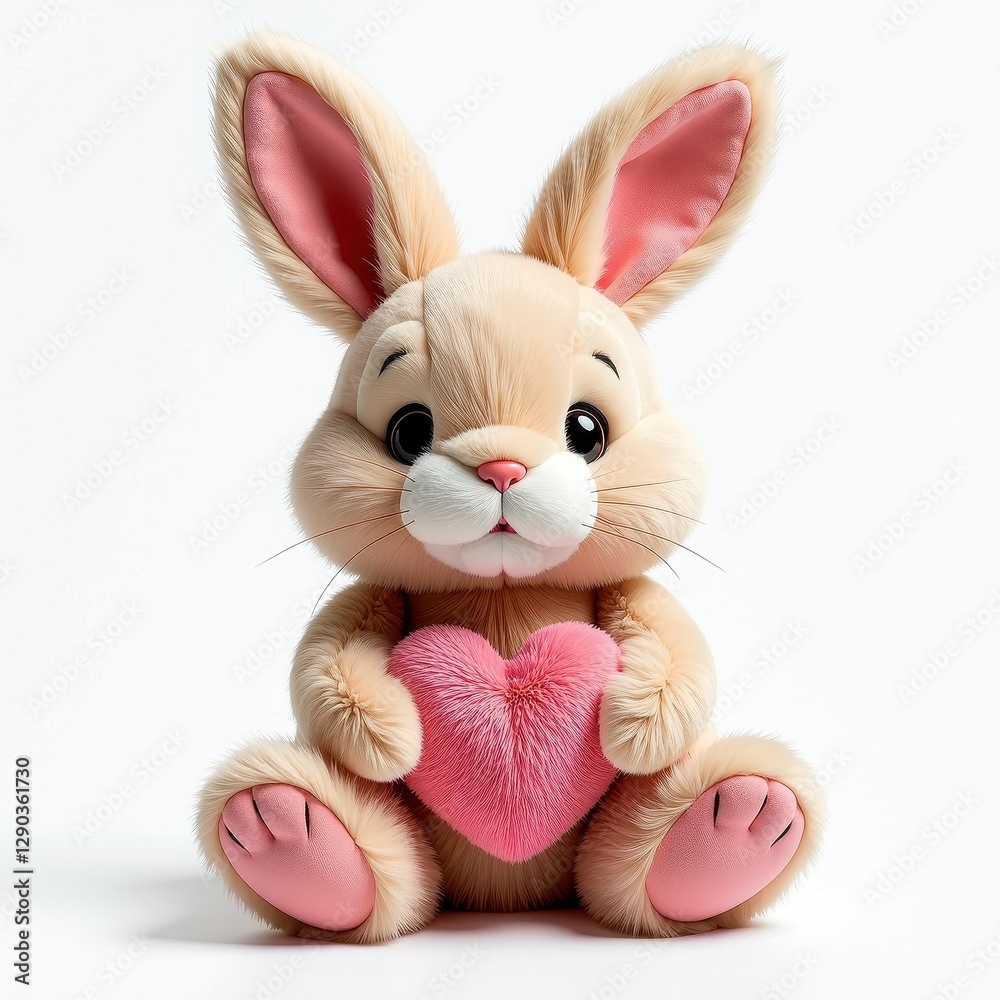 Obraz premium Cute Fluffy Beige Bunny Rabbit Plush Toy Holding Pink Heart