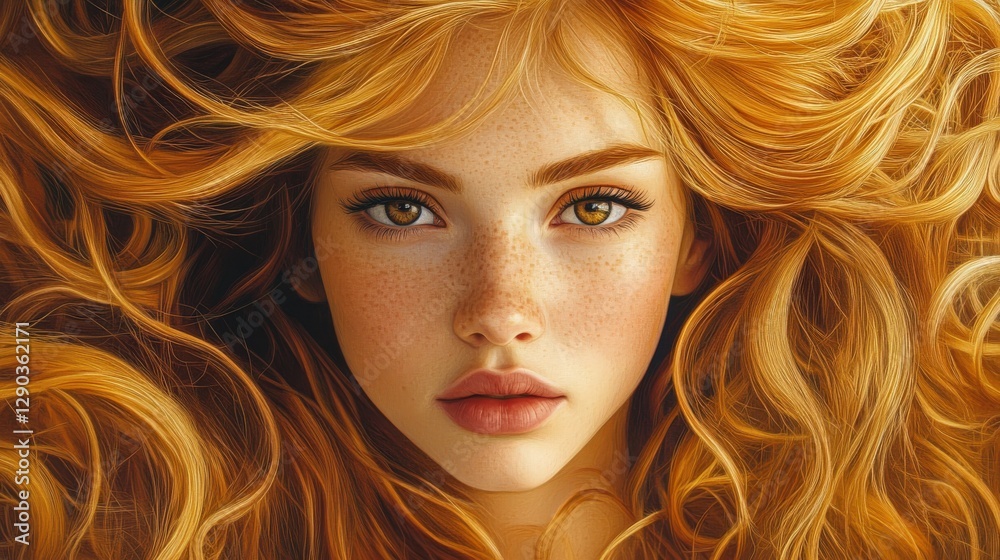 Naklejka premium Luxurious golden curls portrait of a young beautiful woman with beautiful hair