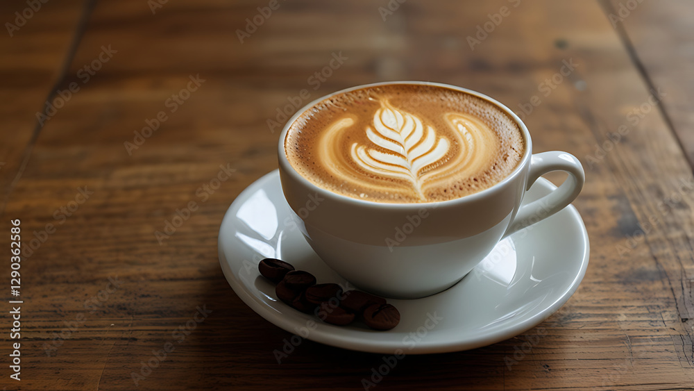 A creamy latte with intricate leaf latte art, served in a white cup A creamy latte with intricate leaf latte art, served in a white cup