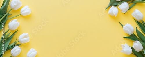 Yellow Background with White Tulips, Featuring Copy Space in the Center