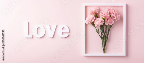 A delicate bouquet of carnations in a blank white frame on a soft light pink background