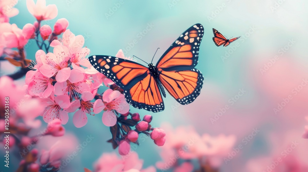 Naklejka premium Vibrant Monarch Butterflies Resting on Blossoming Pink Cherry Flowers in a Dreamy Soft Background