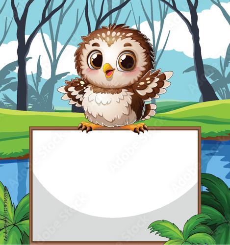 Cute Owl on Forest Signboard