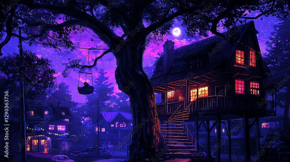 Fototapeta premium Night scene of a treehouse village with a person relaxing in a swing.